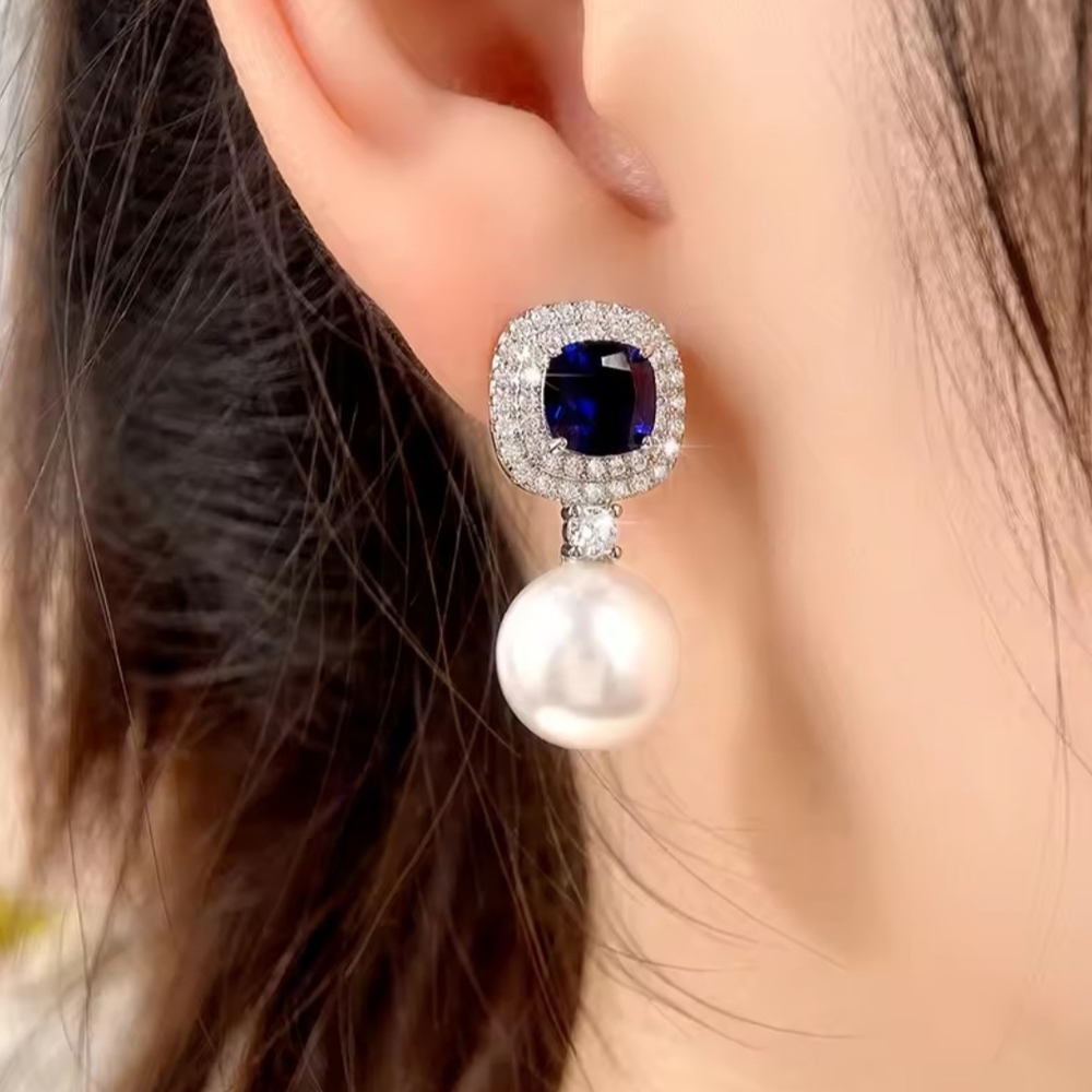 White Rhodium Blue Sapphire With Pearl Earrings